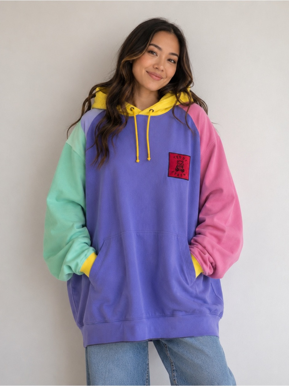 Teddy Fresh Streetwear Colorblock Pullover Hoodie Large Pastel French Terry 100%